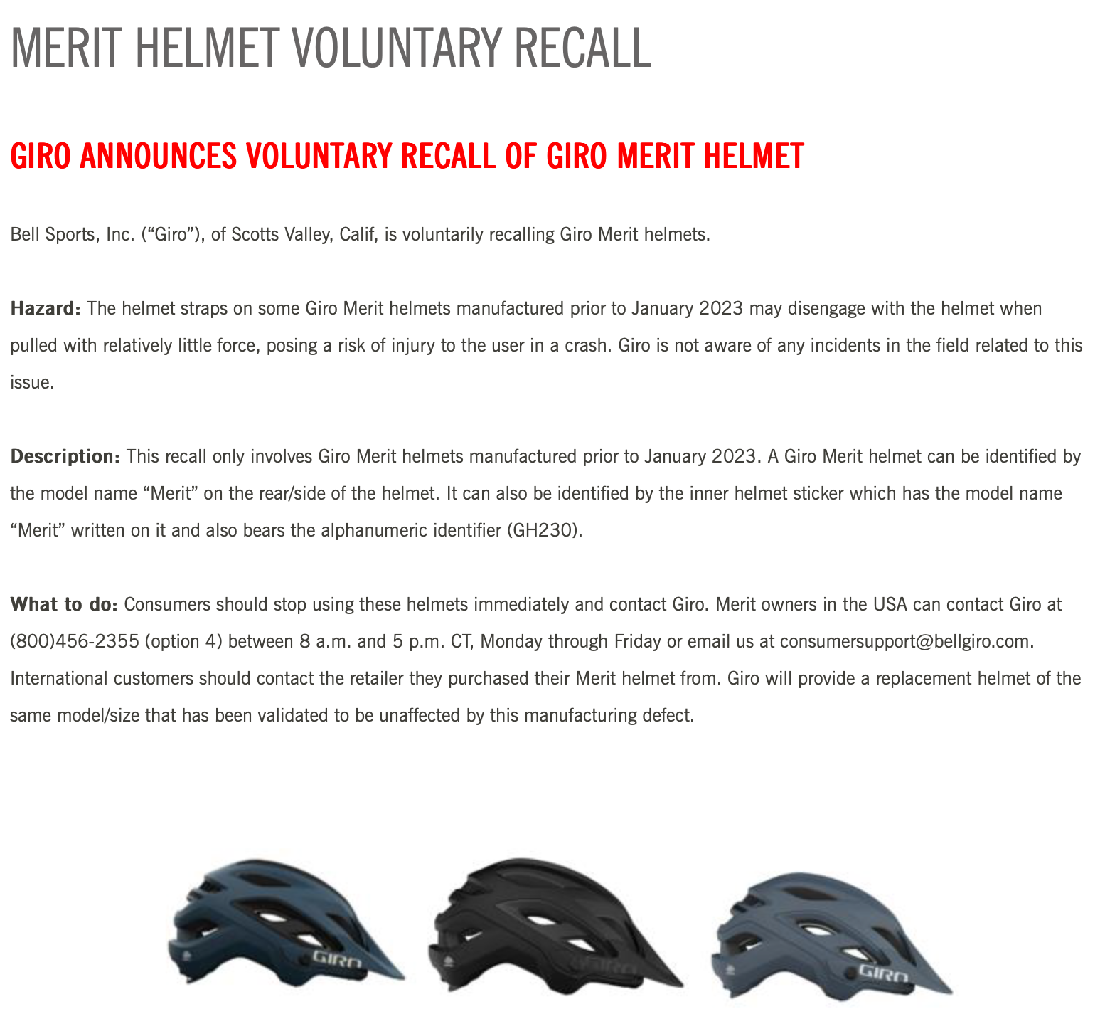Giro Merit Helmet Recall
